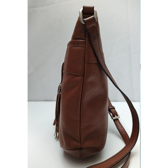 B. Makowsky Brown Leather Pocket Drawstring Tassel Crossbody Bag - Picture 6 of 13